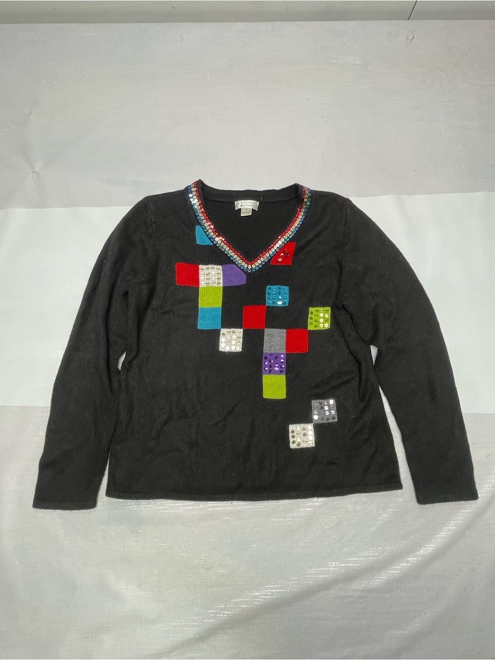 Christopher & Banks Black V‑Neck Sweater with Colorful Patch Blocks Sz: Medium